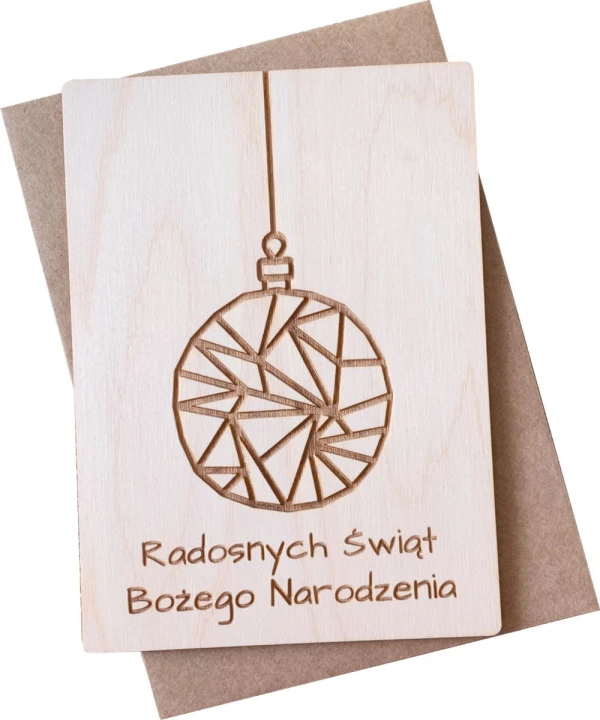 drewniana pocztówka świąteczna bombka geometryczna koperta eko