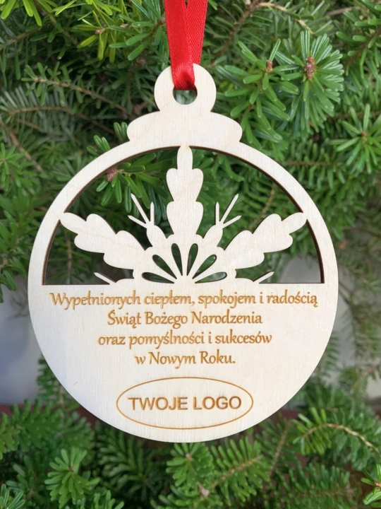 bombka ze sklejki  z grawerowanym logo firmowym