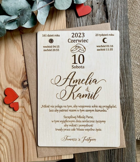 Kartka drewniana na ślub  życzenia personalizacja