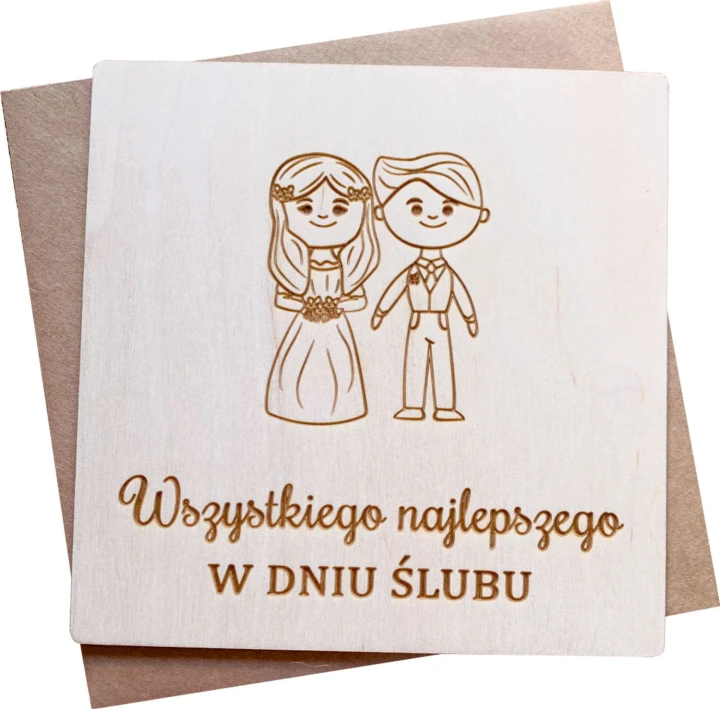 drewniana kartka z życzeniami na ślub z grawerem