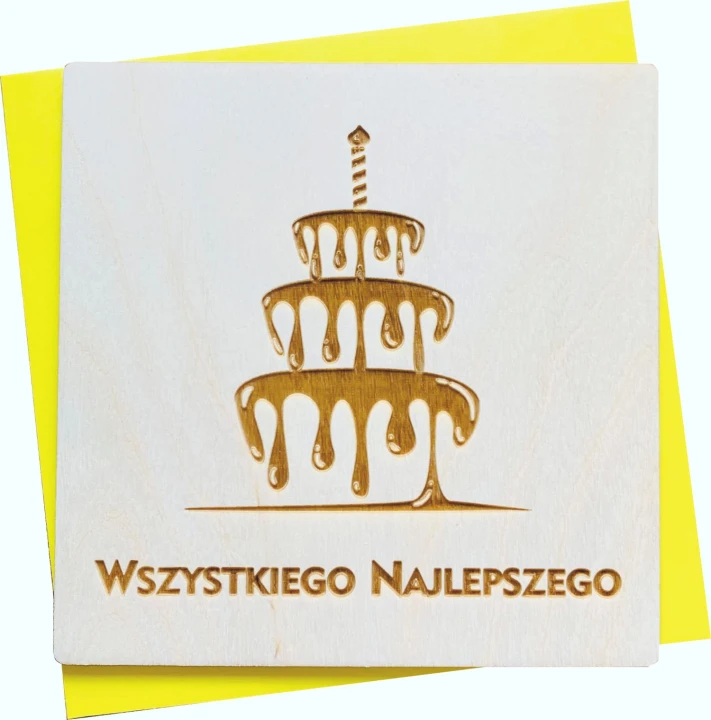 kartka urodzinowa z życzeniami z drewna grawerowana tort ze świeczką