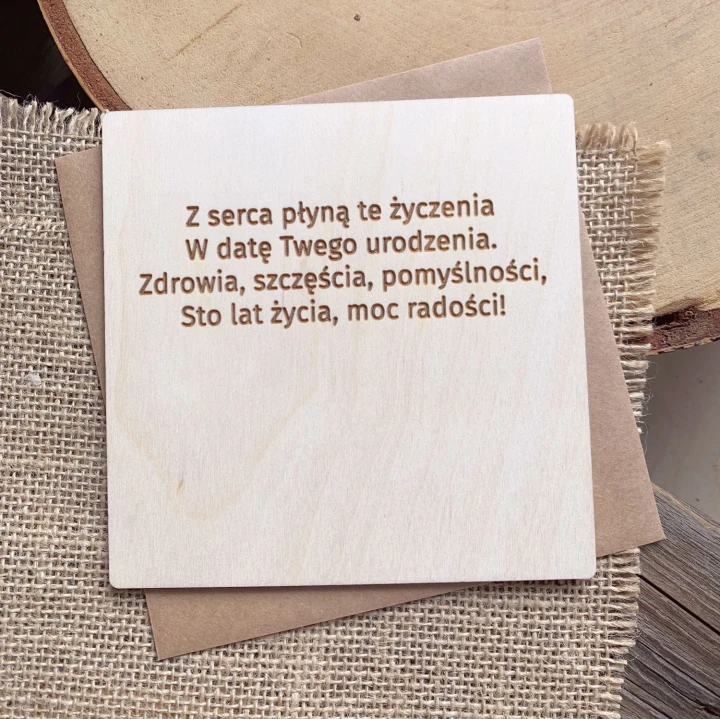 drewniana kartka urodzinowa sto lat z życzeniami
