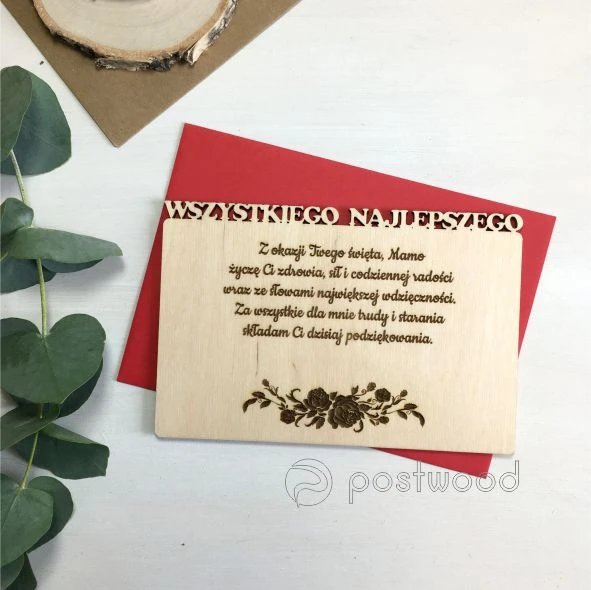 Drewniana kartka na Dzień Matki spersonalizowane życzenia.