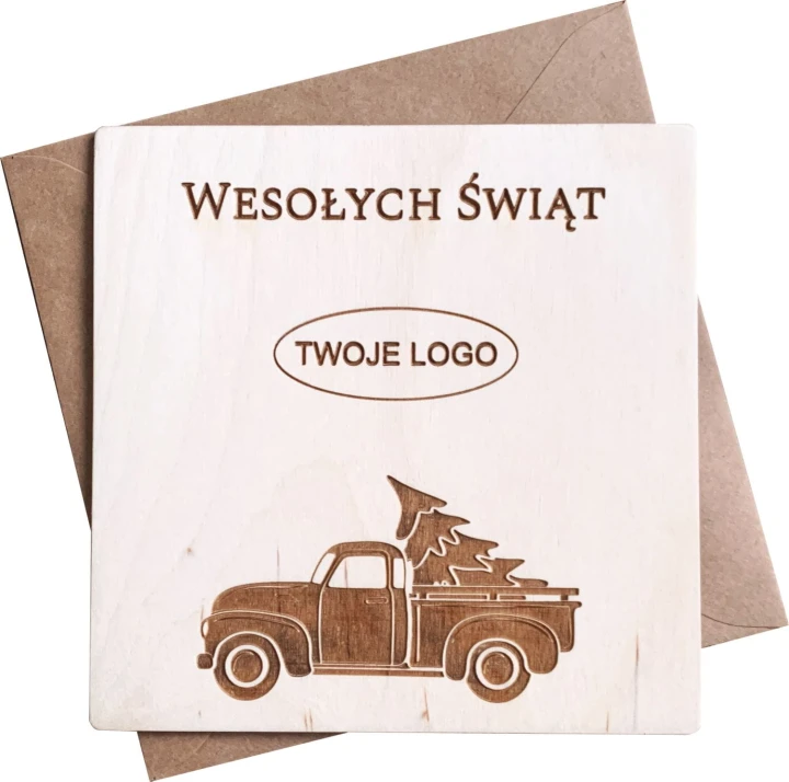 drewniana kartka świąteczna z grawerowanym logo firmowym z kopertą
grawerowany pickup z choinką