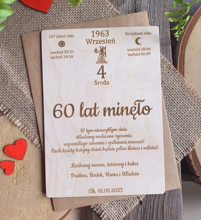drewniana kartka z kalendarza na 60 rocznicę ślubu