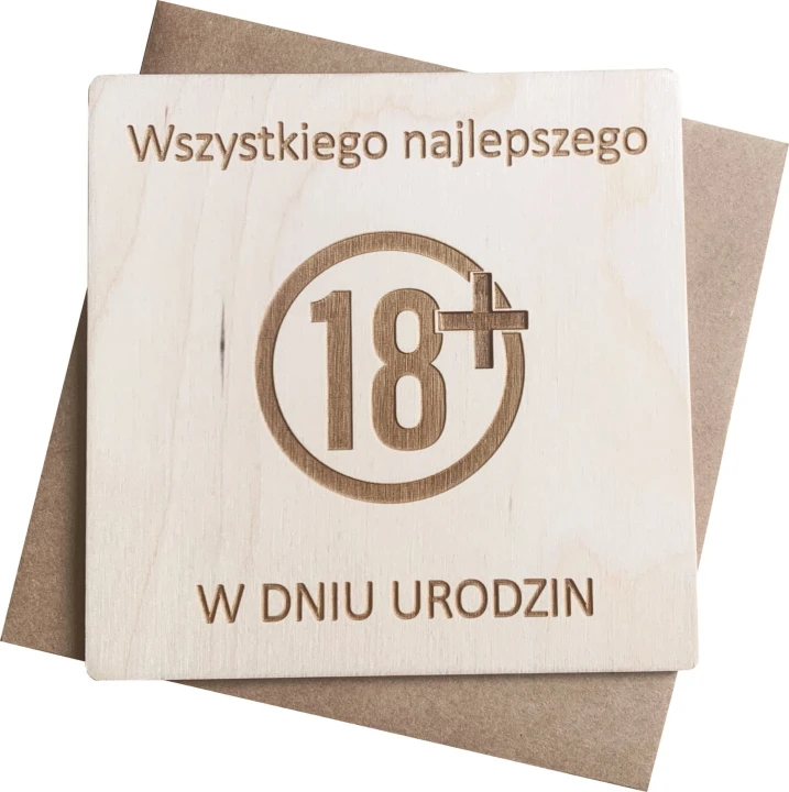 drewniana kartka na 18 urodziny znak zakazu z życzeniami z kopertą