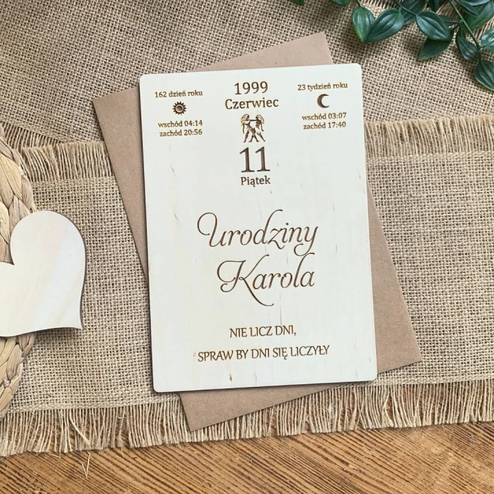 drewniana kartka urodzinowa z personalizowanymi życzeniami z kopertą eko w formacie A5
