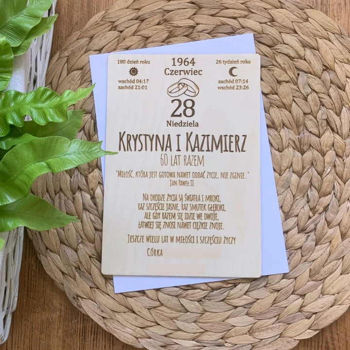 drewniana kartka z kalendarza na 60 rocznicę ślubu