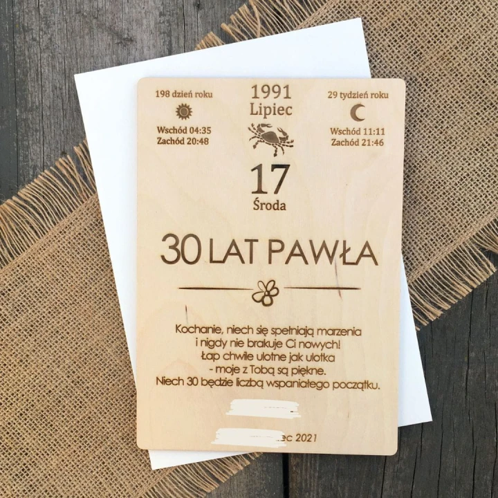 drewniana kartka z kalendarza z imieniem Jubilata