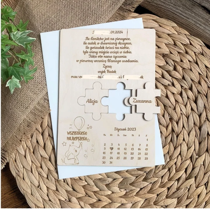 kartka z kalendarzem dla bliźniaków puzzle słonik z balonikiem