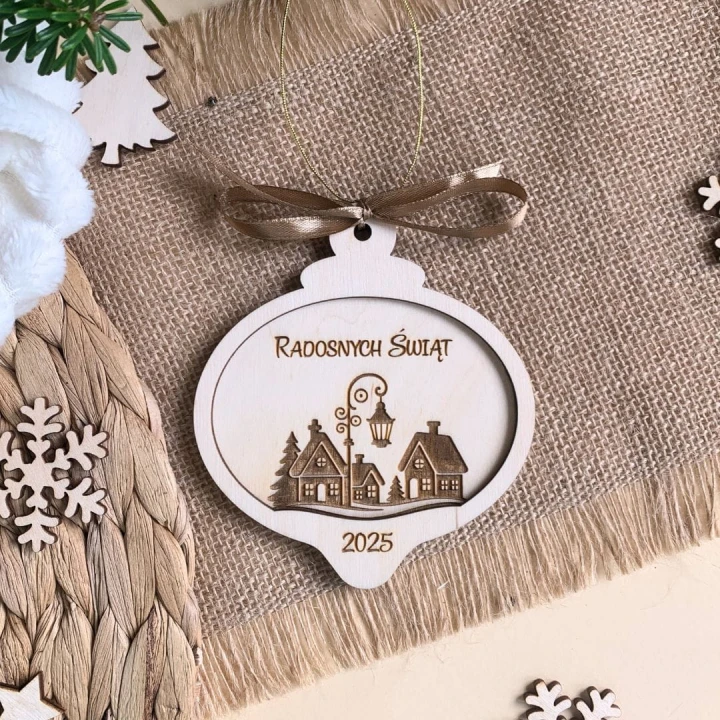 bombka 3D z grawerowaną grafiką świąteczną, napis radosnych świąt