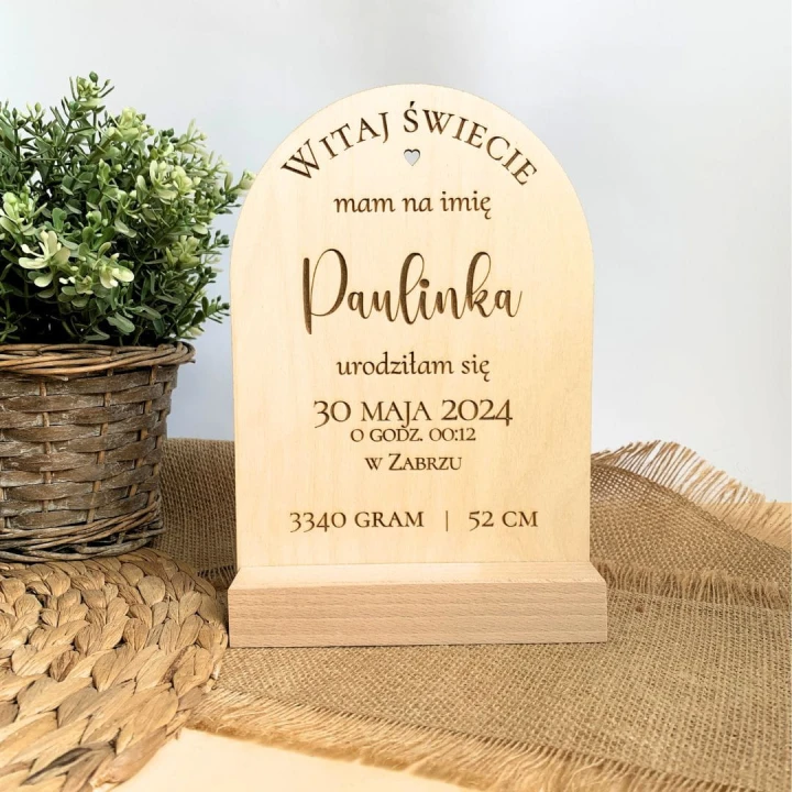 metryczka drewniana półkole z grawerem