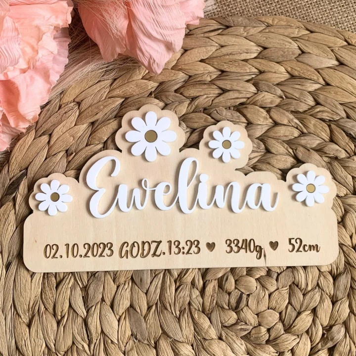 Metryczka Drewniana Stokrotki 3D z Pleksi – Personalizowana Pamiątka