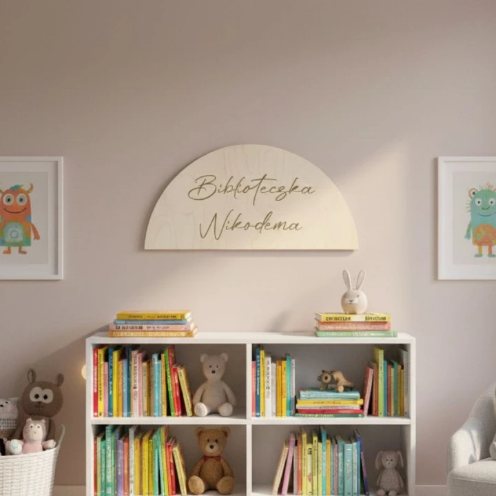 drewniana tablica nad biblioteczkę z napisem Biblioteczka Nikodema