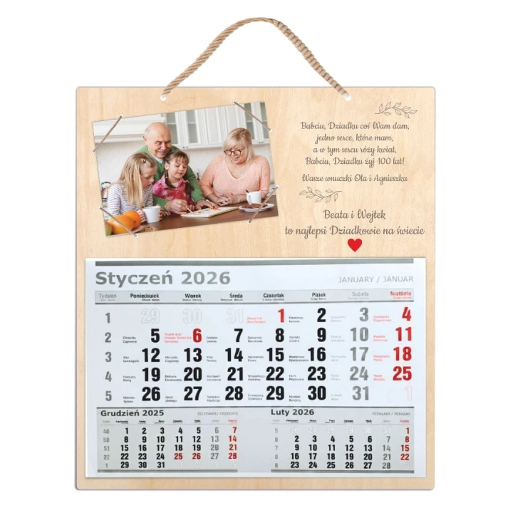 personalizowany kalendarz ścienny 2026 dla babci i dziadka z miejscem na zdjęcie 10x15