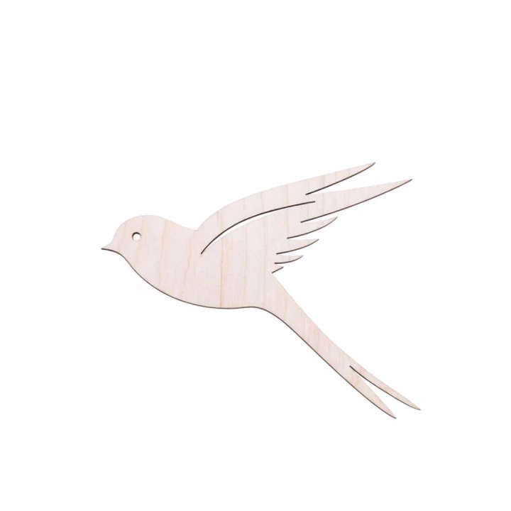 Drewniana jaskółka na gałązce, minimalistyczna ozdoba ze sklejki do pokoju dziecka.