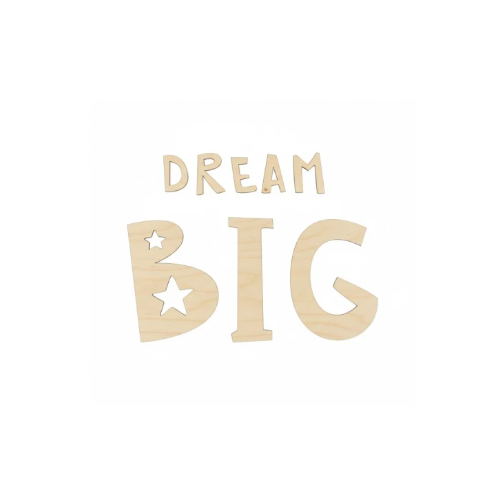 Dekoracyjny napis na ścianę DREAM BIG wykonany z naturalnej sklejki brzozowej, widoczny gładki front liter oraz precyzyjne wycięcia w kształcie gwiazdek wewnątrz litery B.