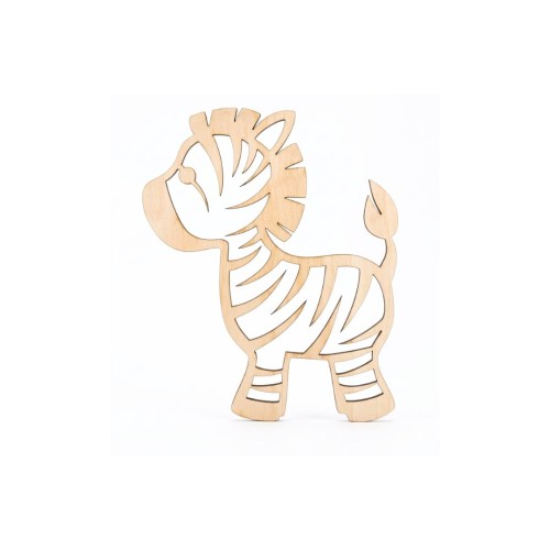 Ażurowa figura zebry wycięta z jasnego drewna. Minimalistyczna dekoracja do pokoju dziecka w stylu safari lub skandynawskim.