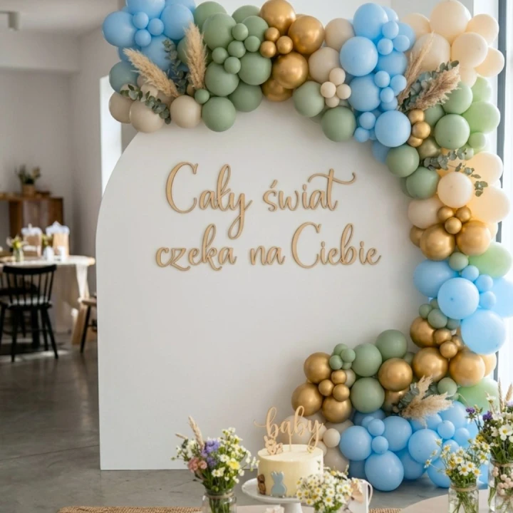 Drewniany napis „Cały świat czeka na Ciebie” naklejony na ściankę na baby shower.