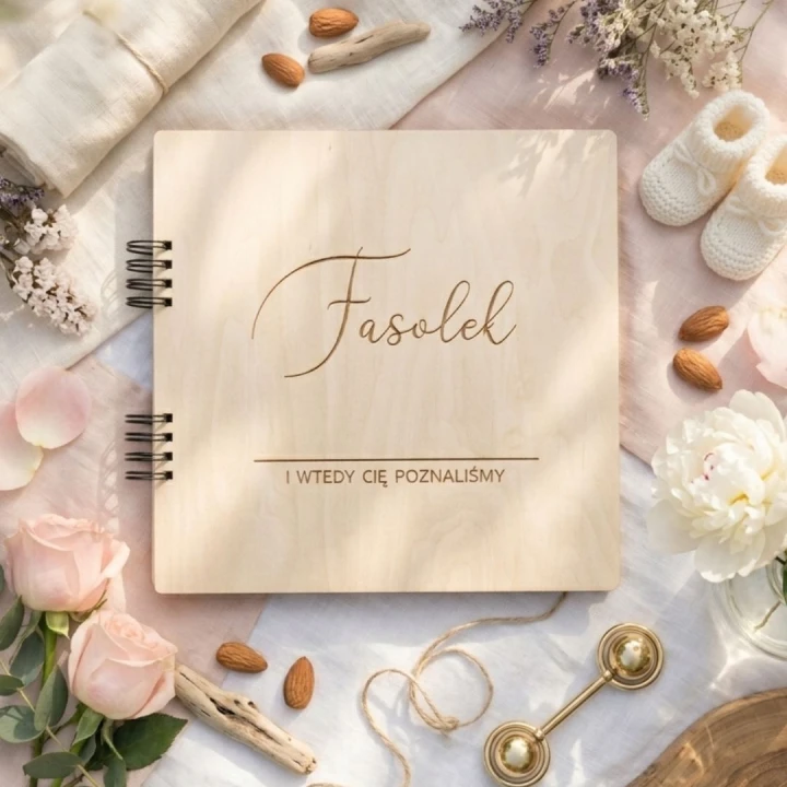 Duży drewniany album 30x30 cm z personalizacją "Fasolek" i czułym opisem na tle jasnego drewna.