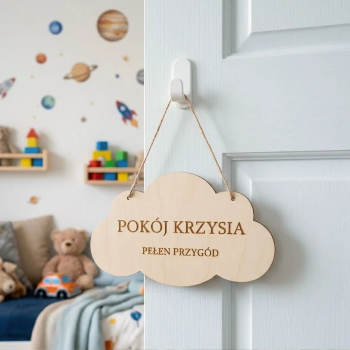 Drewniana tabliczka w kształcie chmurki z grawerem „Pokój Krzysia pełen przygód”, zawieszona na jutowym sznurku na białych drzwiach prowadzących do dziecięcego pokoju z motywem kosmosu.