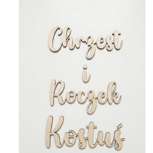 Drewniany napis "Chrzest i Roczek" wraz z imieniem dziecka wycięty ze sklejki brzozowej