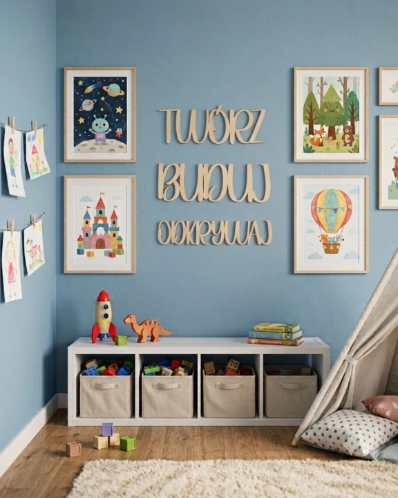 drewniany napis twórz buduj odkrywaj