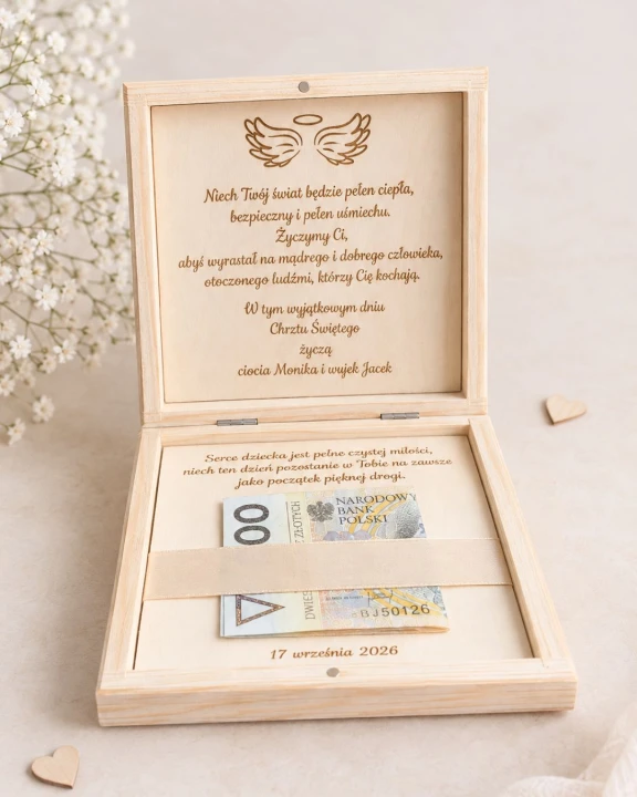 Otwarte drewniane pudełko chrzestne, w którym znajdują się banknoty zwinięte w rulony i przewiązane elegancką, beżową wstążką.