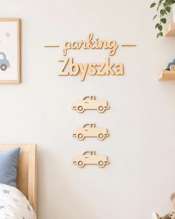 Samochód ze sklejki na ścianę w dziecięcym pokoju chłopca