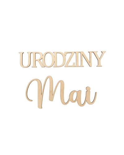 Drewniany napis Urodziny z imieniem dziecka wycięty ze sklejki do dekoracji ścianki