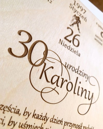 drewniana kartka z kalendarza A5 na 30 urodziny Karoliny