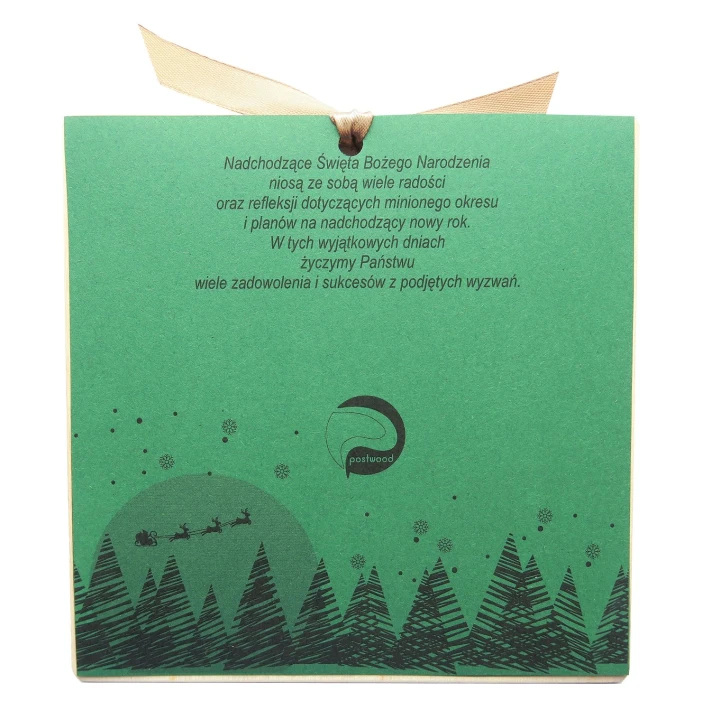 Drewniana 3D biznesowa kartka świąteczna z choinkami. Grawerowane logo firmowe.