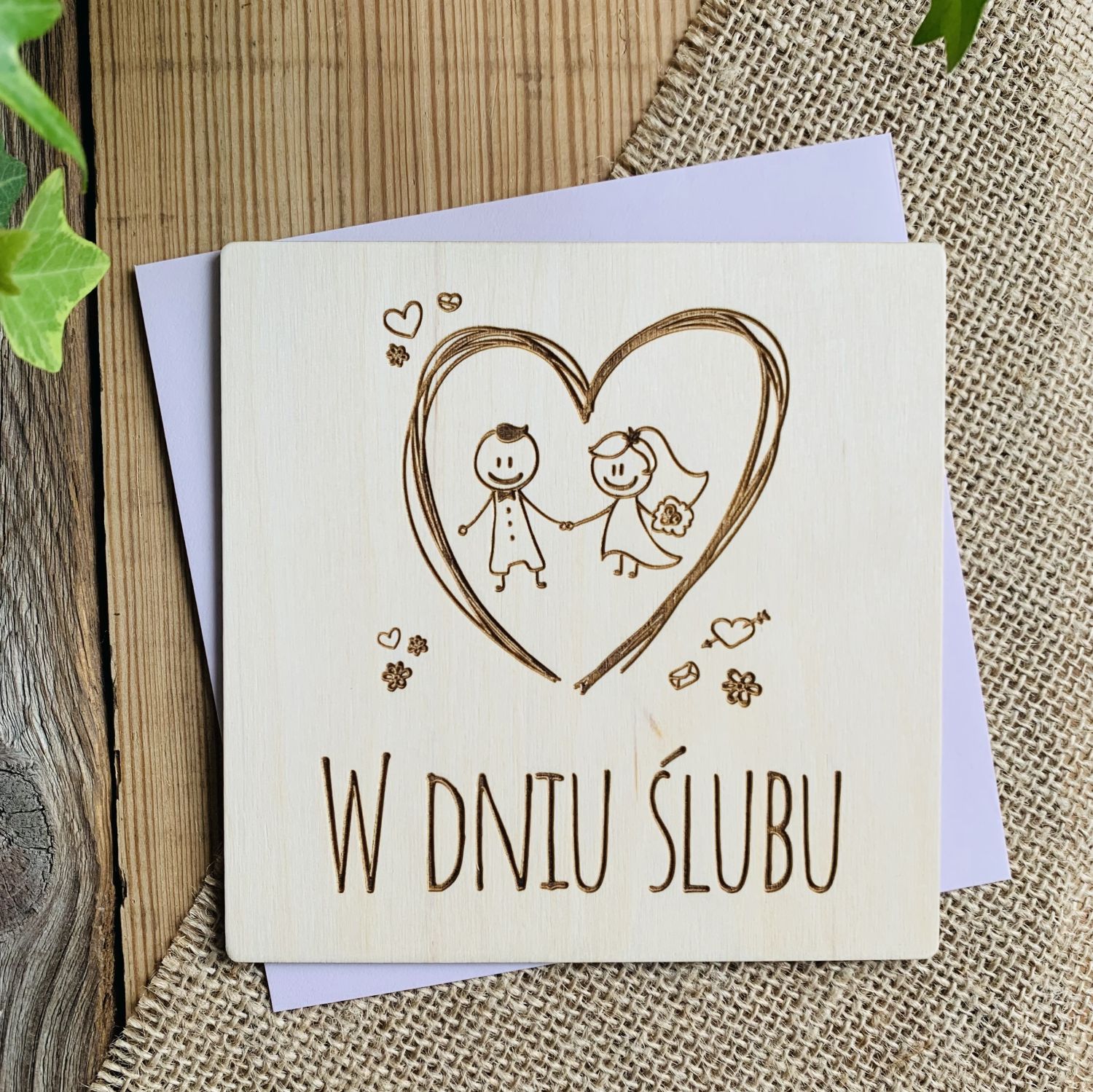 kartka na ślub drewniana